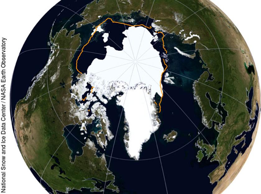 Die Satellitenaufnahme zeigt die Ausdehnung des Meereises der Arktis am 10. September 2016 im Vergleich zur durchschnittlichen Ausdehnung von 1981 bis 2010 (orange Linie). (Foto: © <a href=" http://nsidc.org/news/newsroom/2016-ties-2007-second-lowest-arc