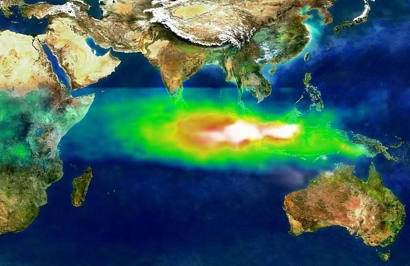 Luftverschmutzung über Indonesien und dem Indischen Ozean  bereits im Jahre 1997. Weiß stellen sich Aerosole dar, grün, gelb und rot Ozon /Smog (Foto: © TOMS indonesia smog / commons.wikimedia / public domain)