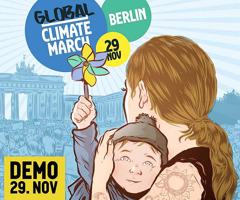 Der Klimamarsch in Berlin findet am 29.11.2015 statt. Los geht es um 12 Uhr am Hauptbahnhof (Washingtonplatz), anschließend ziehen die Teilnehmer zum Brandenburger Tor, wo eine Abschlusskundgebung mit Rednern und Musik stattfindet. (Grafik: http://global