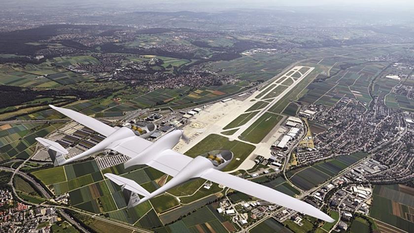 Soll ab Sommer 2016 Wirklichkeit werden: Die HY4 über dem Flughafen Stuttgart. (Bildquelle: DLR)