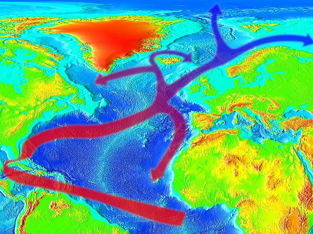 Verlauf des Golfstroms im Nordatlantik, über eine Satelitten-Wärmebild gelegt.