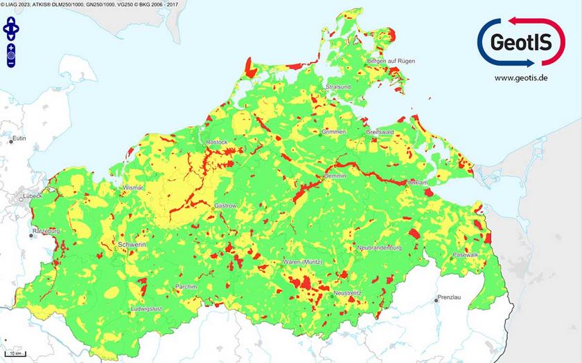 Landkarte von Mecklenburg-Vorpommern zeigt geothermische Potenziale