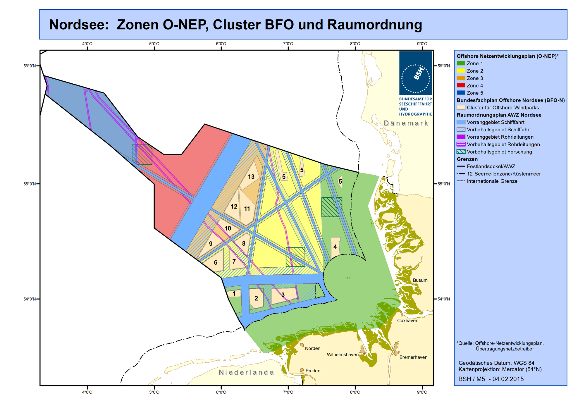 Farblich unterteilte 5 Zonen des Netzentwicklungsplans. Die erste Zone an der Küste ist grün.