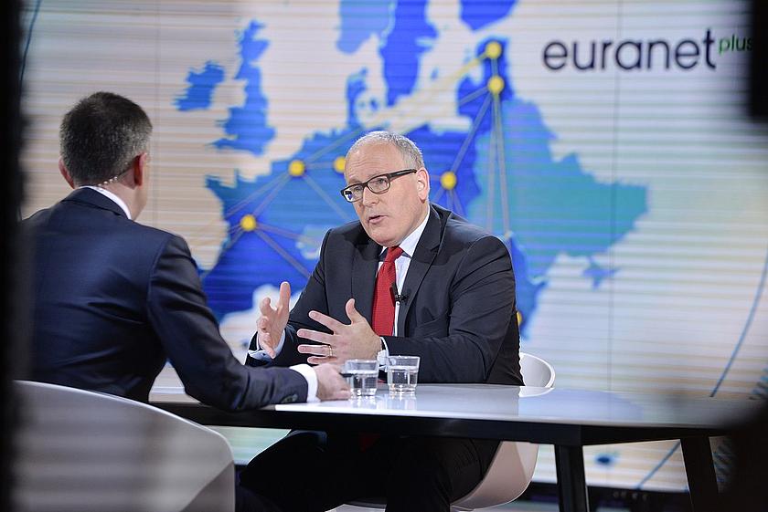 Der designierte EU-Vizekommissionspräsident Frans Timmermanns bei Euranet Plus TV in der Diskussion um die Finanzierung von Europas Zukunft