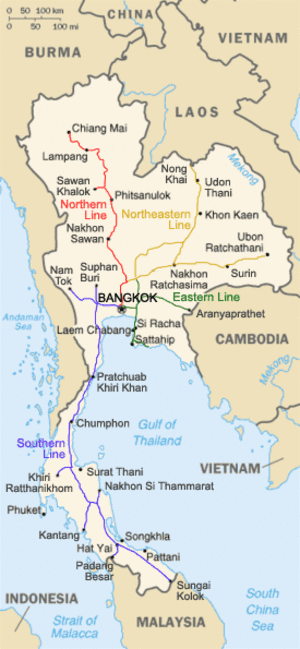 Eine Karte Thailands mit eingezeichnetem Schienennetz in verschiedenen Farben