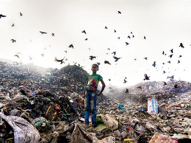 Ein Junge steht inmitten einer riesigen Mülldeponie. Im Hintergrund fliegen Vögel hoch