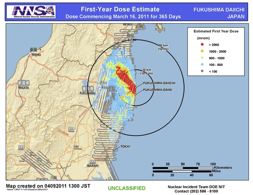 Strahlungswerte nach der Fukushima-Reaktorkatastrophe 2011. NNSA DOE Dose Map Fukushima. (Foto: commons.wikimedia / public domain / Nuclear Incident Team DoE)