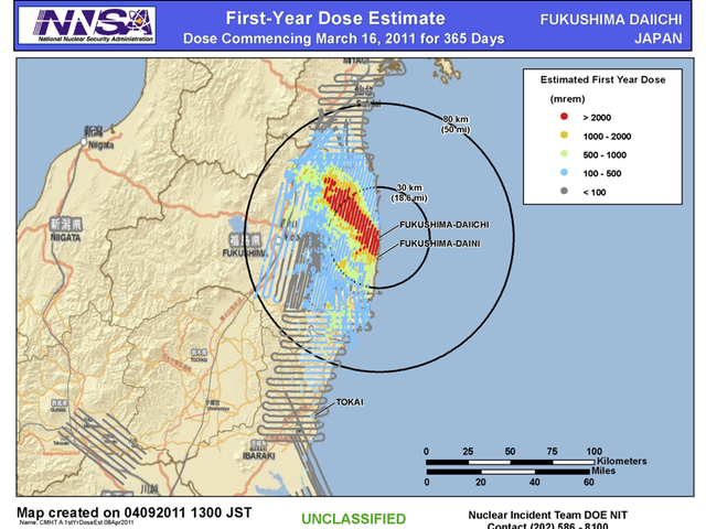 Strahlungswerte nach der Fukushima-Reaktorkatastrophe 2011. NNSA DOE Dose Map Fukushima. (Foto: commons.wikimedia / public domain / Nuclear Incident Team DoE)