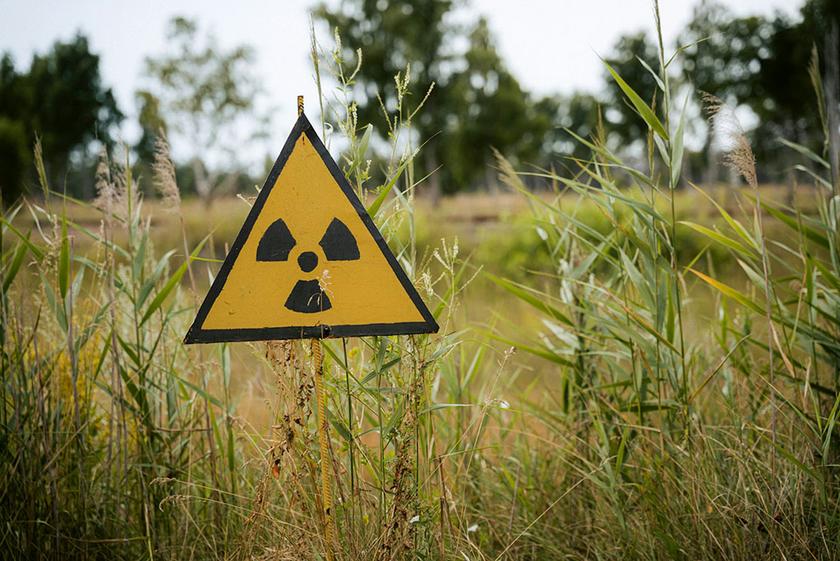 Warnschild nukleare Strahlung im Gras