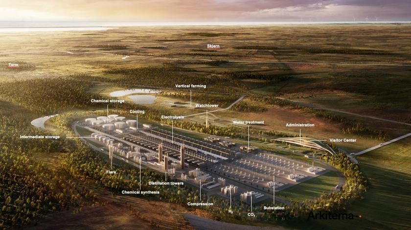 Visual des geplanten Energieparks: Anlagen und Speicher in einer flachen Landschaft