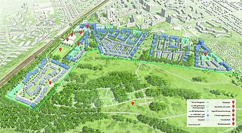 3D-Plan der zukünftigen Bebauung des Geländes.