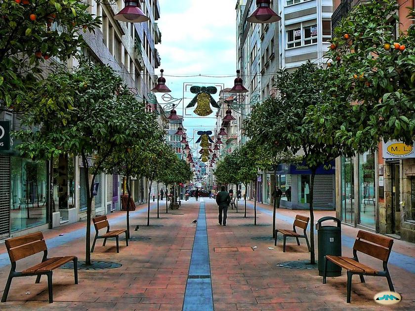 Straße in Pontevedra von Bäumen und Parkbänken gesäumt.