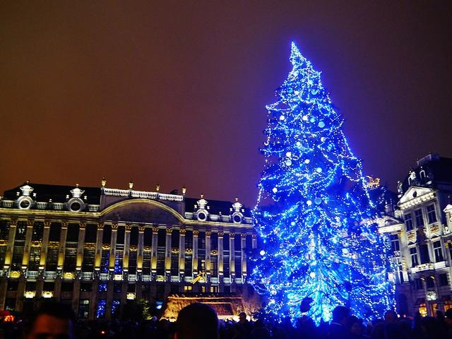 Blau beleuchteter Weihnachtsbaum in Brüssel