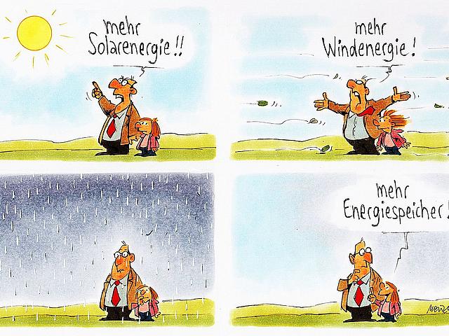 Karikatur von Gerhard Mester zum Thema Energiespeicher und erneuerbare Energien