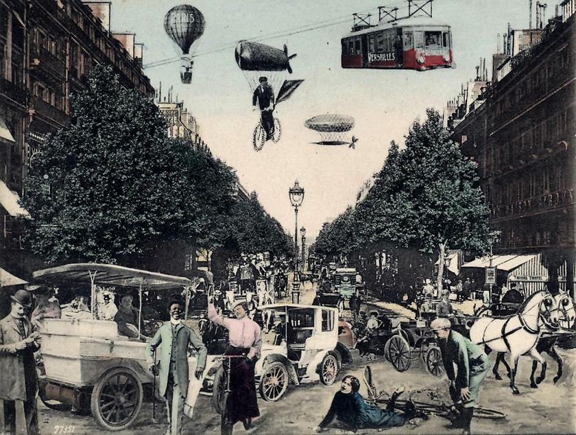 Vision der Zukunft des Verkehrs in Paris - historische Darstellung von 1905