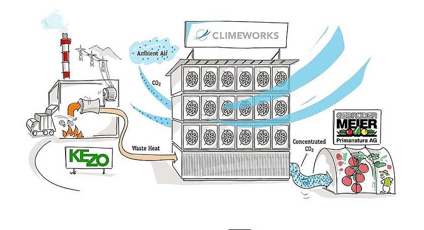 Climeworks will mit der Pilot- und Demonstrationsanlage im schweizerischen Kanton Zürich pro Jahr 900 Tonnen CO2 aus der Luft filtern und weiterverwenden. (Grafik: Climeworks)
