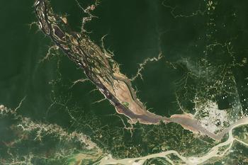 Satellitenaufnahme einer Landschaft mit Fluss und Wald in schlechtem Zustand