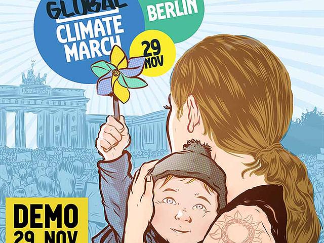 Der Klimamarsch in Berlin findet am 29.11.2015 statt. Los geht es um 12 Uhr am Hauptbahnhof (Washingtonplatz), anschließend ziehen die Teilnehmer zum Brandenburger Tor, wo eine Abschlusskundgebung mit Rednern und Musik stattfindet. (Grafik: http://global