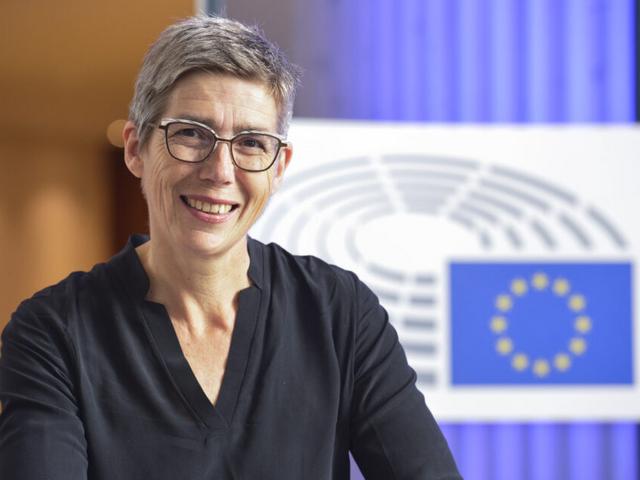 Eine Frau in schwarzer Bluse vor einer Flagge der Europäischen Union