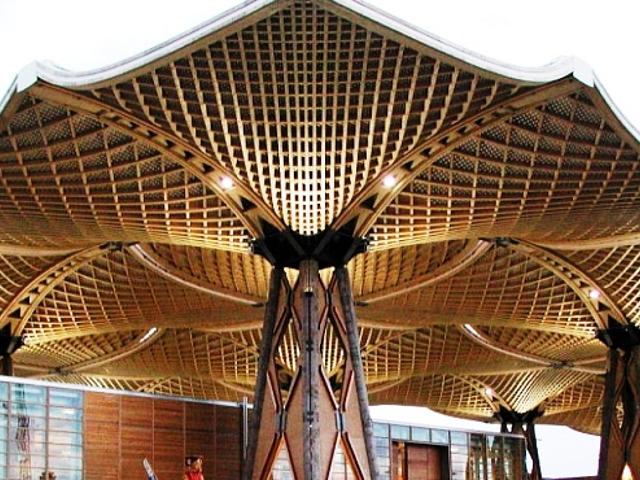 Baumstämme von Weißtannen aus Gersbach stützen auf der Expo 2000 das größte freitragende Holzdach der Welt.