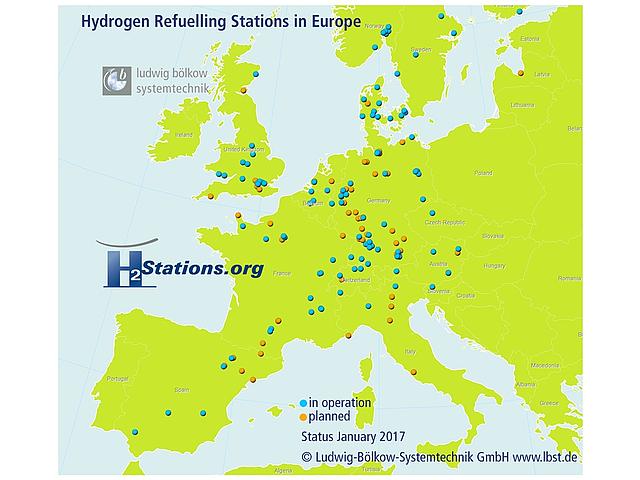 Landkarte der Wasserstoff-Tankstellen innerhalb Europas, Februar 2017. (Bildquelle: © Ludwig-Bölkow-Systemtechnik GmbH www.lbst.de)