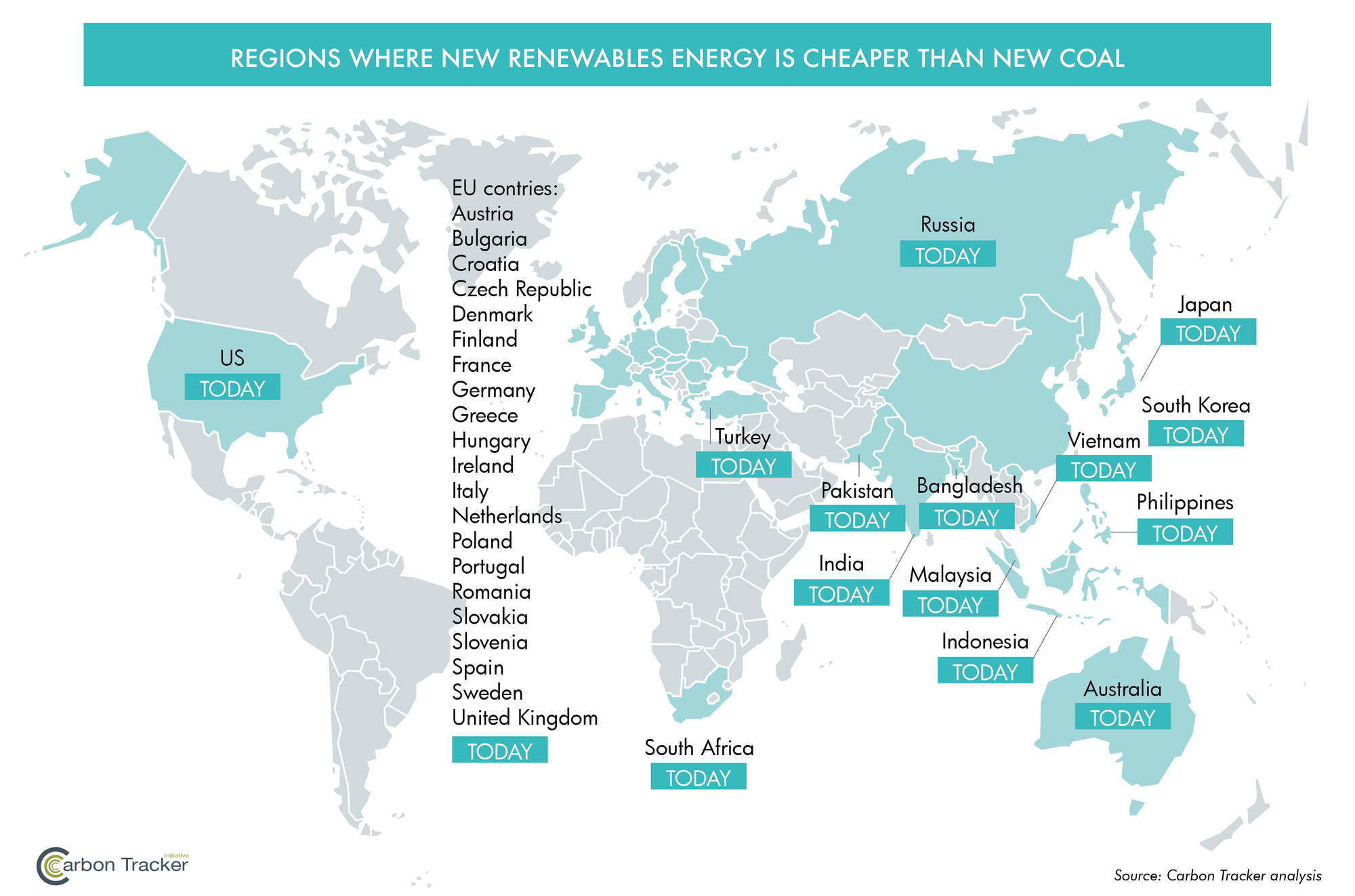 In diesen Ländern sind neue regenerative Energieprojekte günstiger als neue Kohlekraftwerke.