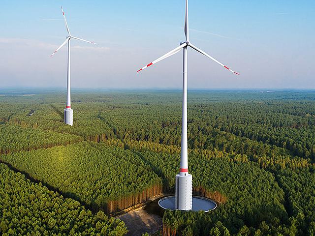 Die vier Windenergieanlagen in Gaildorf haben einen Rotordurchmesser von 137 Metern und erreichen durch die Wasserspeicher bis zu 40 Meter mehr Nabenhöhe. (Foto: MBS Naturstromspeicher GmbH)