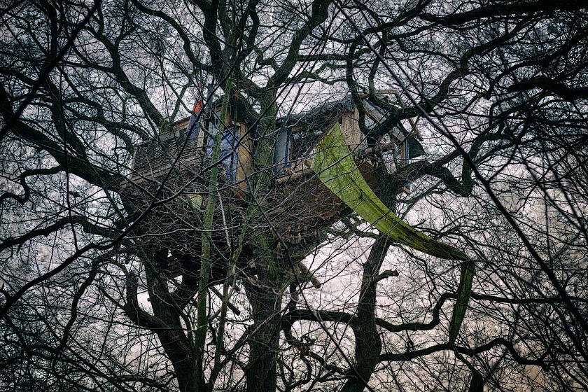 Foto: Bild eines Baumhauses im Hambacher Forst