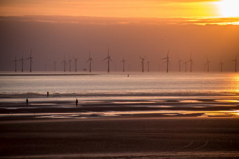 Windenergieanlagen an einer Küste in der Abendsonne