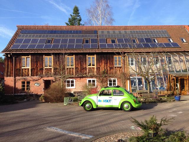 Ein grünes E-Auto (Ente) vor einem Holzhaus mit Solarpanelen auf dem Dach