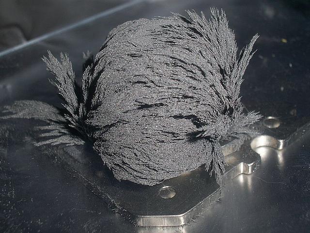 Eisenpulver (grau) auf einem Magneten (silbern)