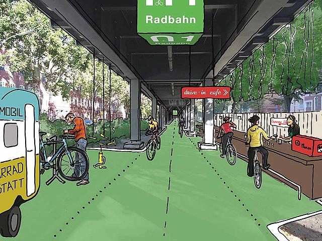 Das Team Radbahn Berlin ist einer der Gewinner des diesjährigen Bundespreis Ecodesign mit dem Konzept „Radbahn U1“ für Berlin. (Grafik: Team Radbahn Berlin)