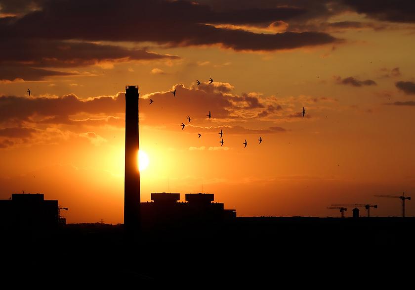 Fossile Industrie in der Abendsonne, mit Vögeln, die daran vorbeiziehen.