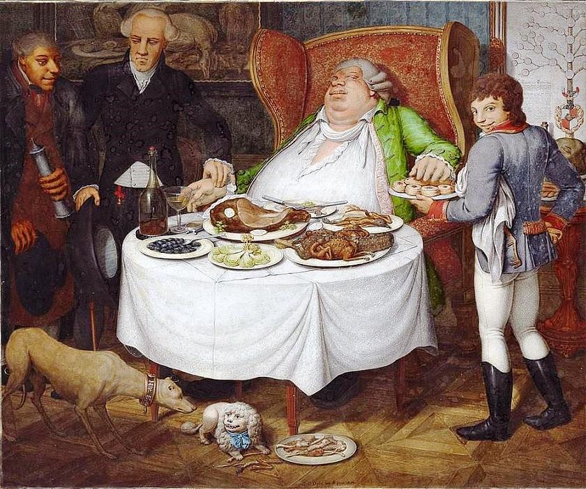 Gemälde „Der Völler“ von Georg Emanuel Opiz von 1804: Dicker Mann am Tisch frisst unmäßig Speisen in sich hinein, um den Tisch herum gruppieren sich seine Diener