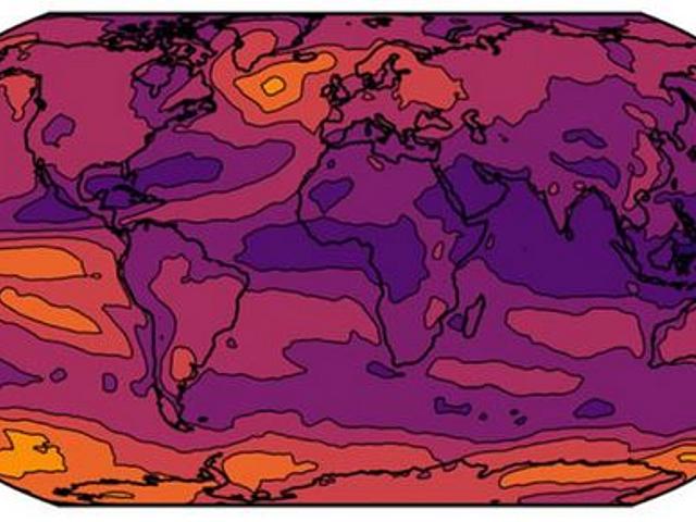 Weltkarte mit Temperatureinfärbungen.