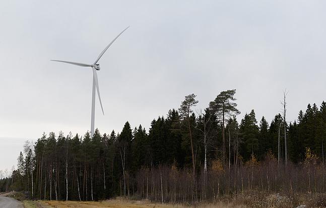 Forst mit Windkraftanlage in Finnland