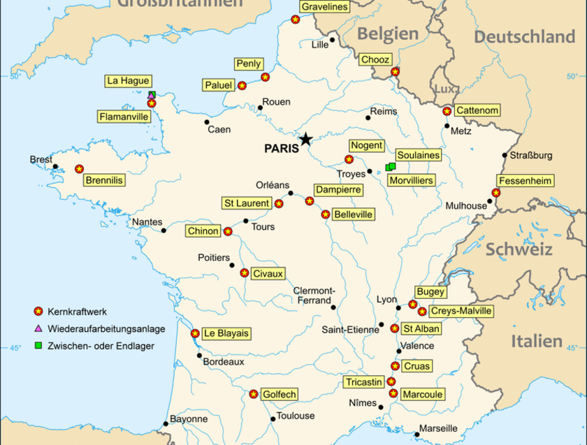 Standorte von Atomreaktoren in Frankreich: Zwischen 1956 und 2002 wurden über 60 Nuklearanlagen in Betrieb genommen, 58 kommerziell genutzte Reaktoren sind noch in Betrieb. (Quelle: © Eric Gaba (Sting), J. Schwerdtfeger (js) - Übersetzt von Image:Nucle