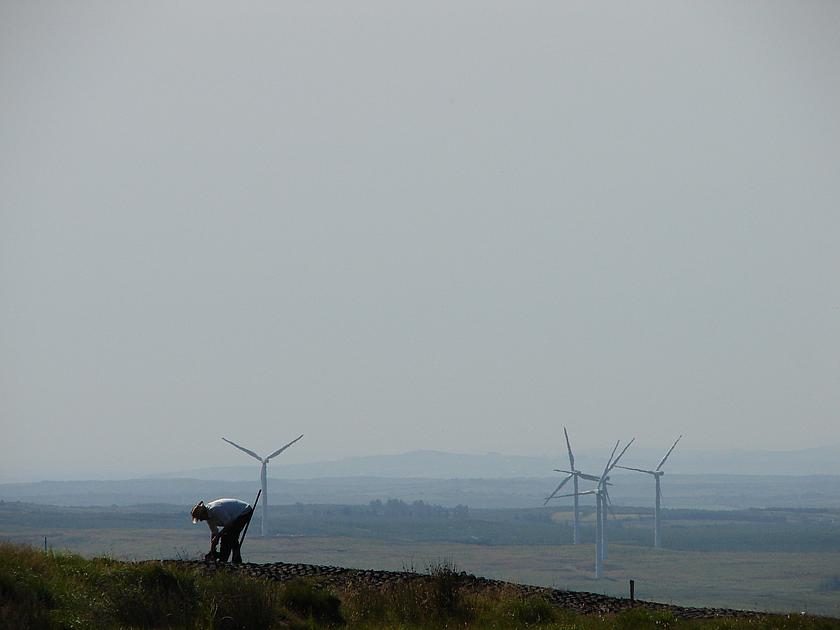 EIn Bauer plügt sein Feld vor dem Panorama eines Windparks.