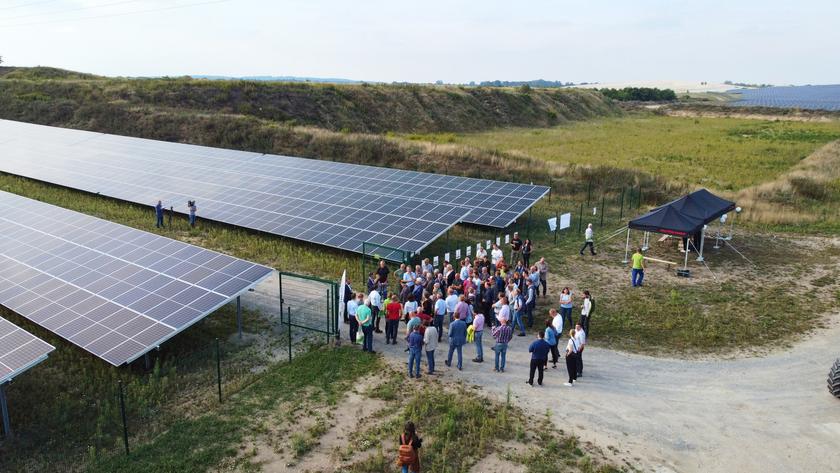 Luftbild eines Solarparks mit Menschen davor.
