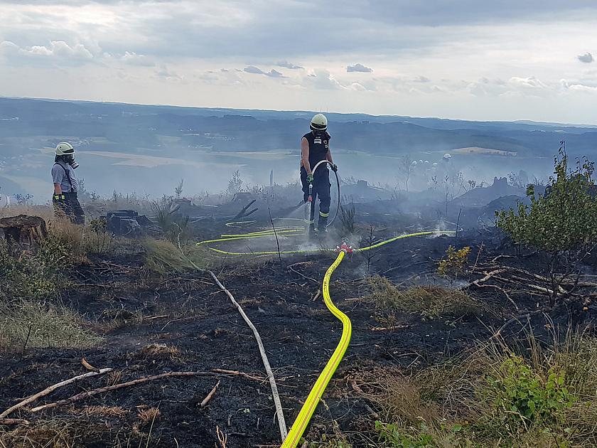 Feuerwehrleute, mit Atemschutzmasken, löschen die letzten Reste eines Waldbrandes 