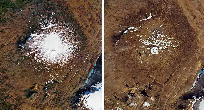 Im September 1986 (links) war der Okjökull auch im Sommer noch schneebedeckt, im August 2019 (rechts) dagegen fast ausschließlich der Krater. Bereits in den 1970er Jahren ist der Großteil des Okjökull abgeschmolzen.