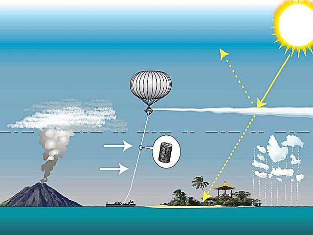 Auf der Konferenz werden auch Techniken zur Reduktion der Sonneneinstrahlung (Solar Radiation Management, SRM) diskutiert. Dabei werden sehr kleine Partikel (Aerosole) in die Stratosphäre gebracht, um Sonnenlicht abzulenken und die Erde zu kühlen. (Foto: © <a href="https://commons.wikimedia.org/wiki/File:SPICE_SRM_overview.jpg">Hughhunt</a>, <a href="https://creativecommons.org/licenses/by-sa/3.0/deed.en" target="_blank">CC BY-SA 3.0</a>)