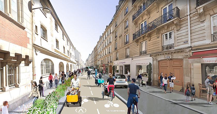 Paris als Stadt für Menschen und nicht für Autos –Fahrradwege und Straßengrün gehören zum Plan. Grafischer Entwurf für die Rue de Vaugirard als Fhrradstraße, eine der längsten Straßen innerhalb Paris