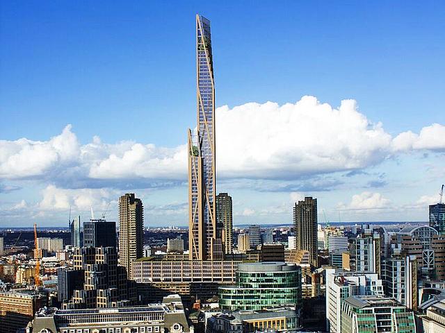Entwurf für das 300 Meter hohe Holz-Hochhaus in Londons City von PLP Architecture/und der Universität Cambridge. (Rendering: © PLP Architecture + Universität Cambridge)