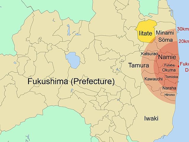 Iitate liegt etwa 30 Kilometer vom Umglücksreaktor in Fukushima entfernt. (Grafik: Mayhew, wikimedia, CC BY-SA 3.0)