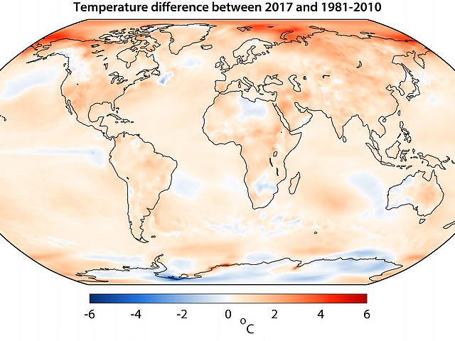 Die Temperaturveränderungen von 2017 im Vergleich zur Referenzperiode von 1981 bis 2010. (Foto: © <a href=" https://climate.copernicus.eu/news-and-media/press-room/press-releases/2017-extends-period-exceptionally-warm-years-first-complete ">Copernicus Climate Change Service, EZMW</a>)