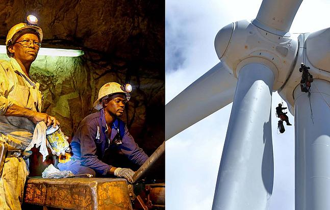 Links ein Bild von Minenarbeitern in Botswana an einer Maschine. Rechts Windkraftanlagenbauer hängen mit Seilen an einer Windturbine.
