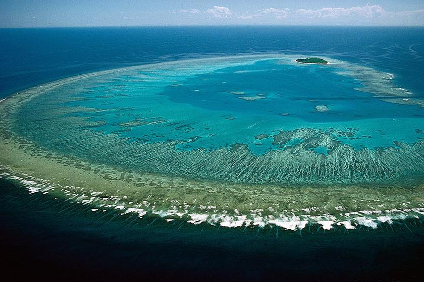 Eine Insel im Gebiet des Great Barrier Reefs aus der Luft. Die unter Wasser liegenden Korallen sind deutlich erkennbar. (Foto: <a href="https://flic.kr/p/qS3zDd" target="_blank">Lock the Gate Alliance / flickr.com</a>, <a href="https://creativecommons.org