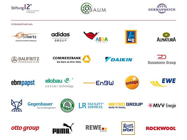Diese und noch weitere Unternehmen haben die „Erklärung zum Klimaabkommen von Paris“ unterzeichnet, unterstützt von den Unternehmensverbänden B.A.U.M. und Stiftung 2° sowie der Umweltorganisation Germanwatch. (Grafik: Screenshot der Unternehmenser