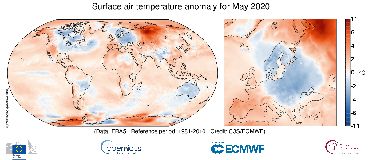 Visualisierung der globalen Temperaturanomalien im Mai. 